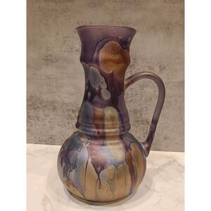 Rueven Nouveau Art Hand Painted Drip Satin Glass Pitcher Vase 9" Genie VTG EUC